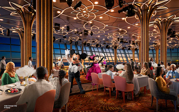 Mickey and Minnie entertaining guests at Hollywood Spotlight Club on Disney Adventure Cruise from Singapore.