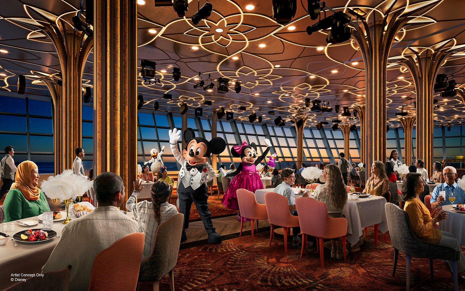 Mickey and Minnie at Hollywood Spotlight Club dining on Disney Adventure Cruise from Singapore.