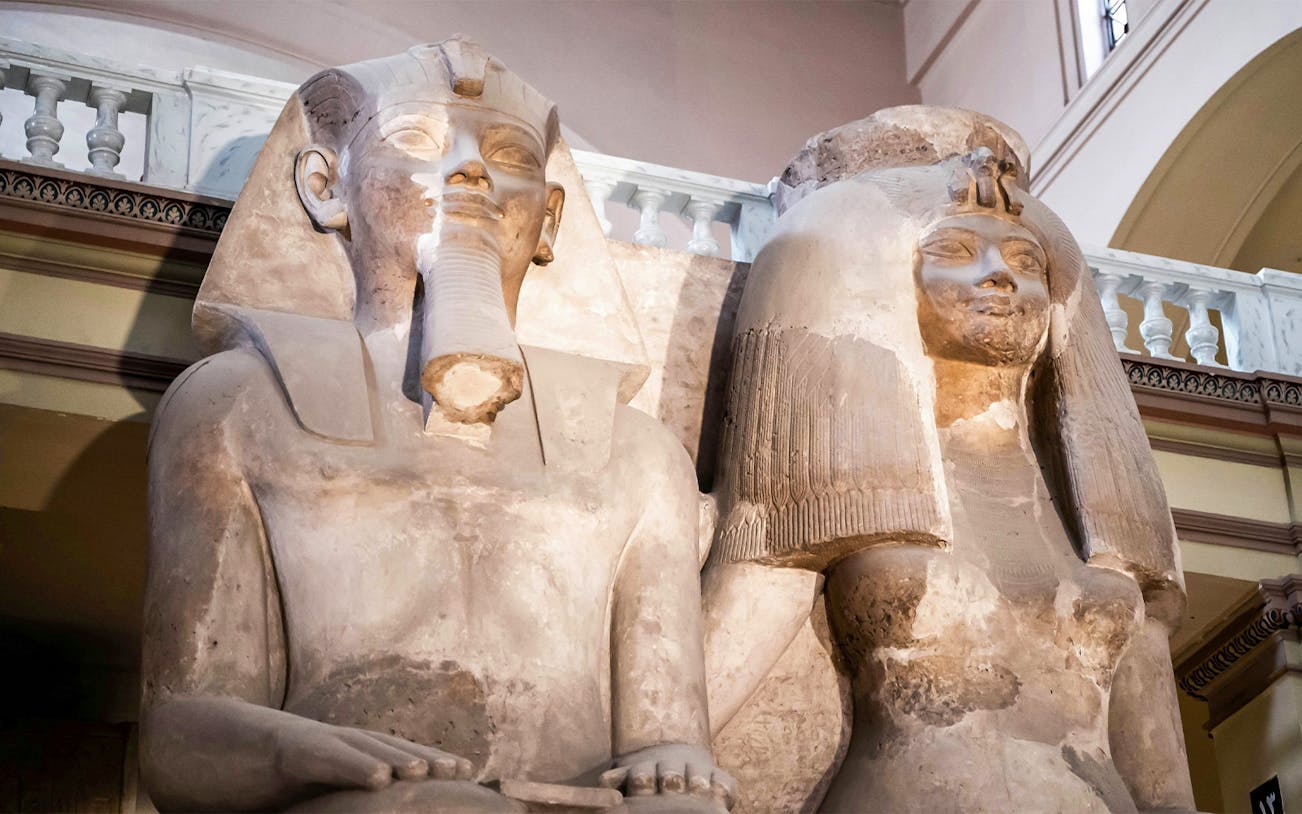 Restored statues on display at the Grand Egyptian Museum, Cairo, Egypt.