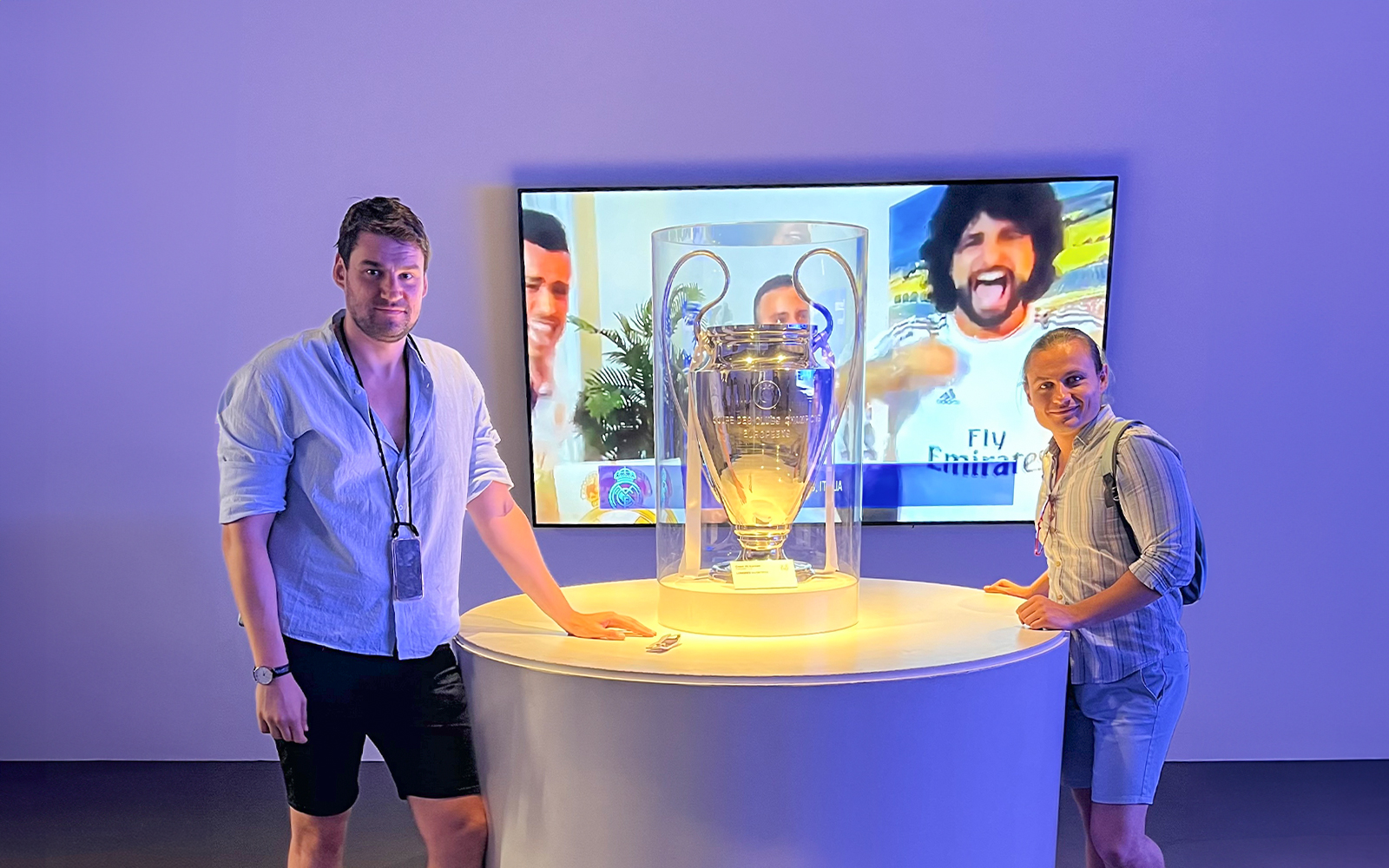 Champions League trophy display at Santiago Bernabeu Stadium.