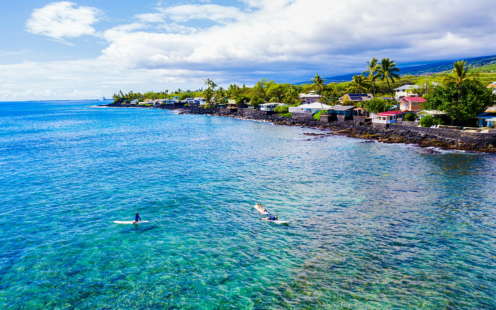 Surfers waiting for waves off the coast of Kona, Hawaii, with shoreline houses in view.