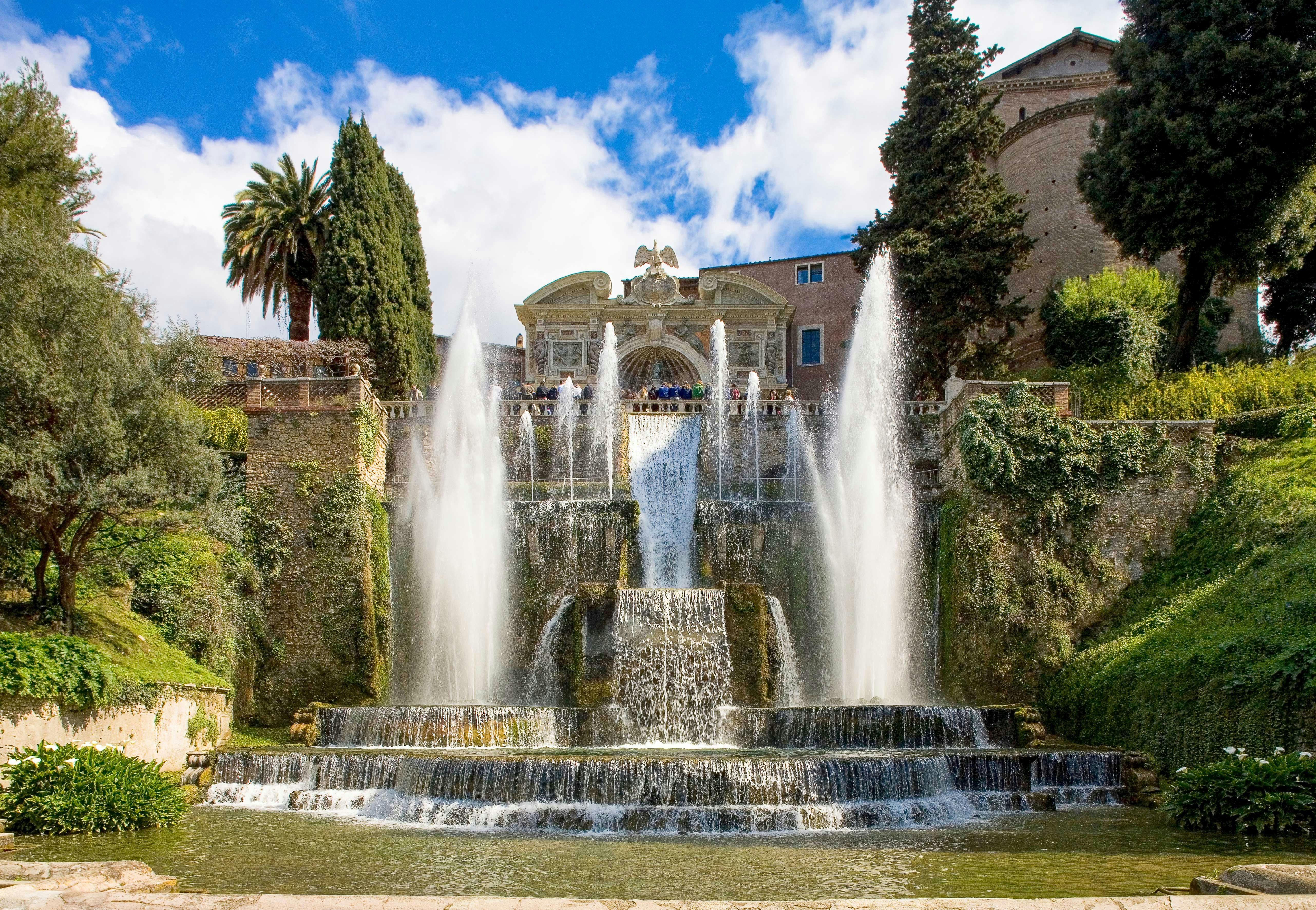 Villa d'Este fountains and gardens in Tivoli, Italy, showcasing Renaissance architecture and lush landscapes.