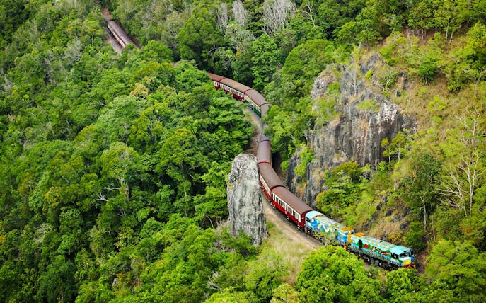 Scenic train winding through lush rainforest near Kuranda, Australia.