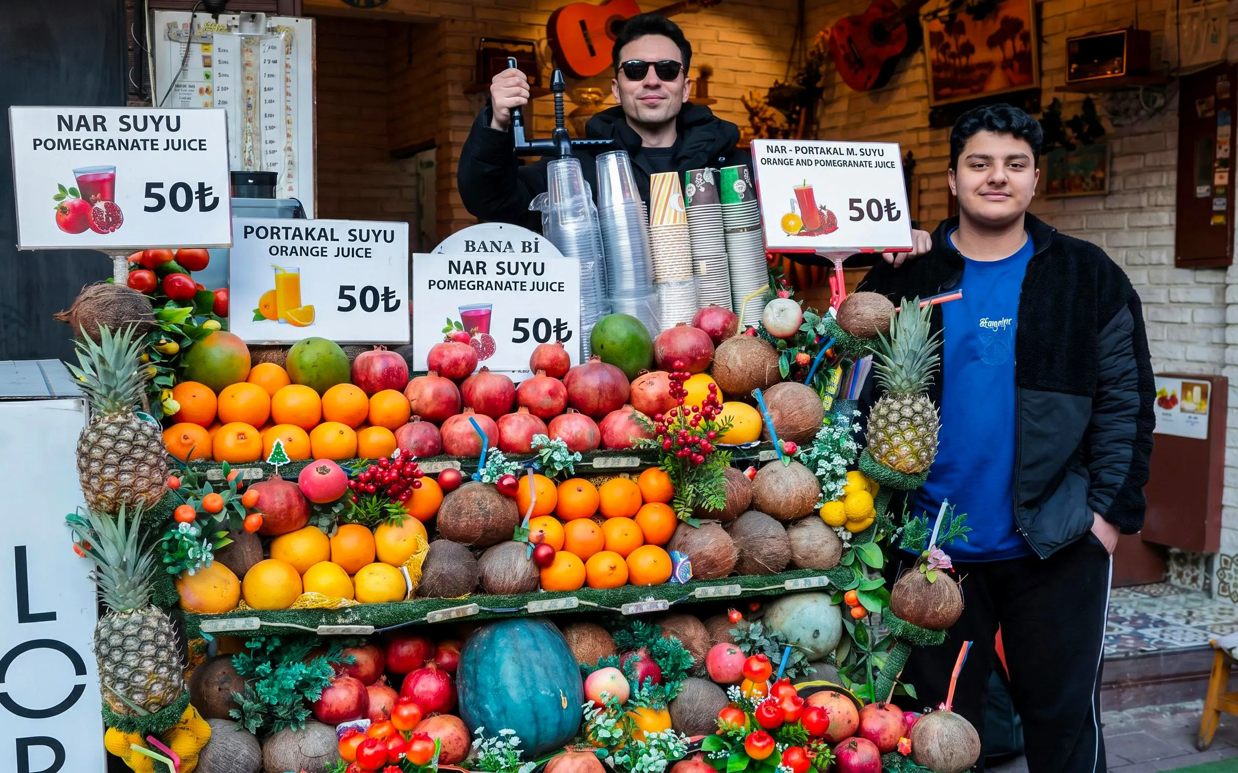 Fruit stand with pomegranates, oranges, and coconuts on Istanbul food tour.