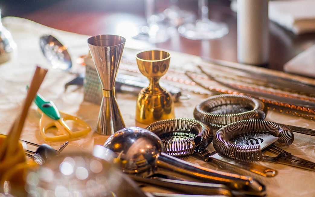 Mixology tools on a table at Jameson Mixology Class, Midleton Distillery.