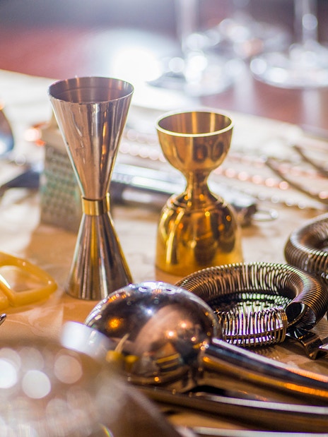 Mixology tools on a table at Jameson Mixology Class, Midleton Distillery.
