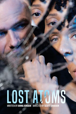Lost Atoms London poster with fragmented faces and shattered glass effect