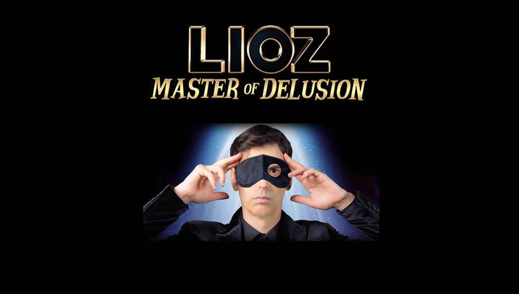 Lioz - Master of Delusion promotional image with performer holding a mask.