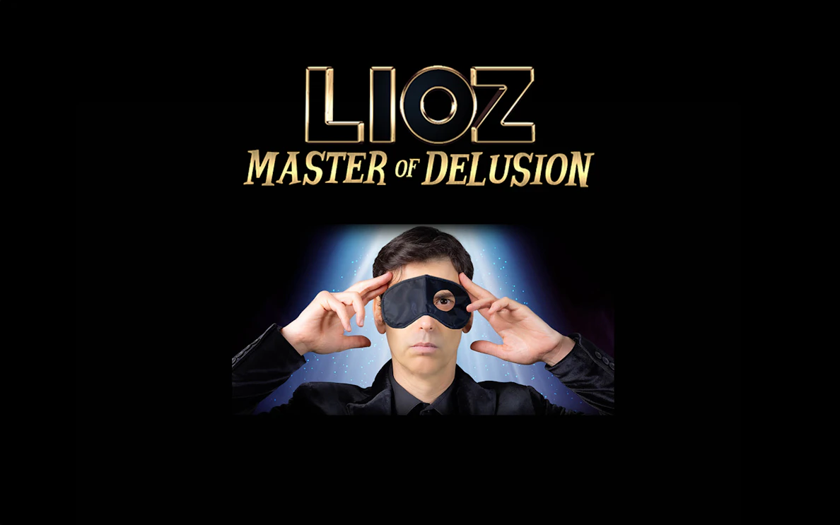 Lioz - Master of Delusion promotional image with performer holding a mask.