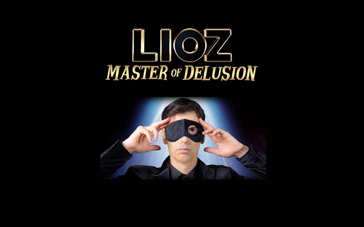 Lioz - Master of Delusion promotional image with performer holding a mask.
