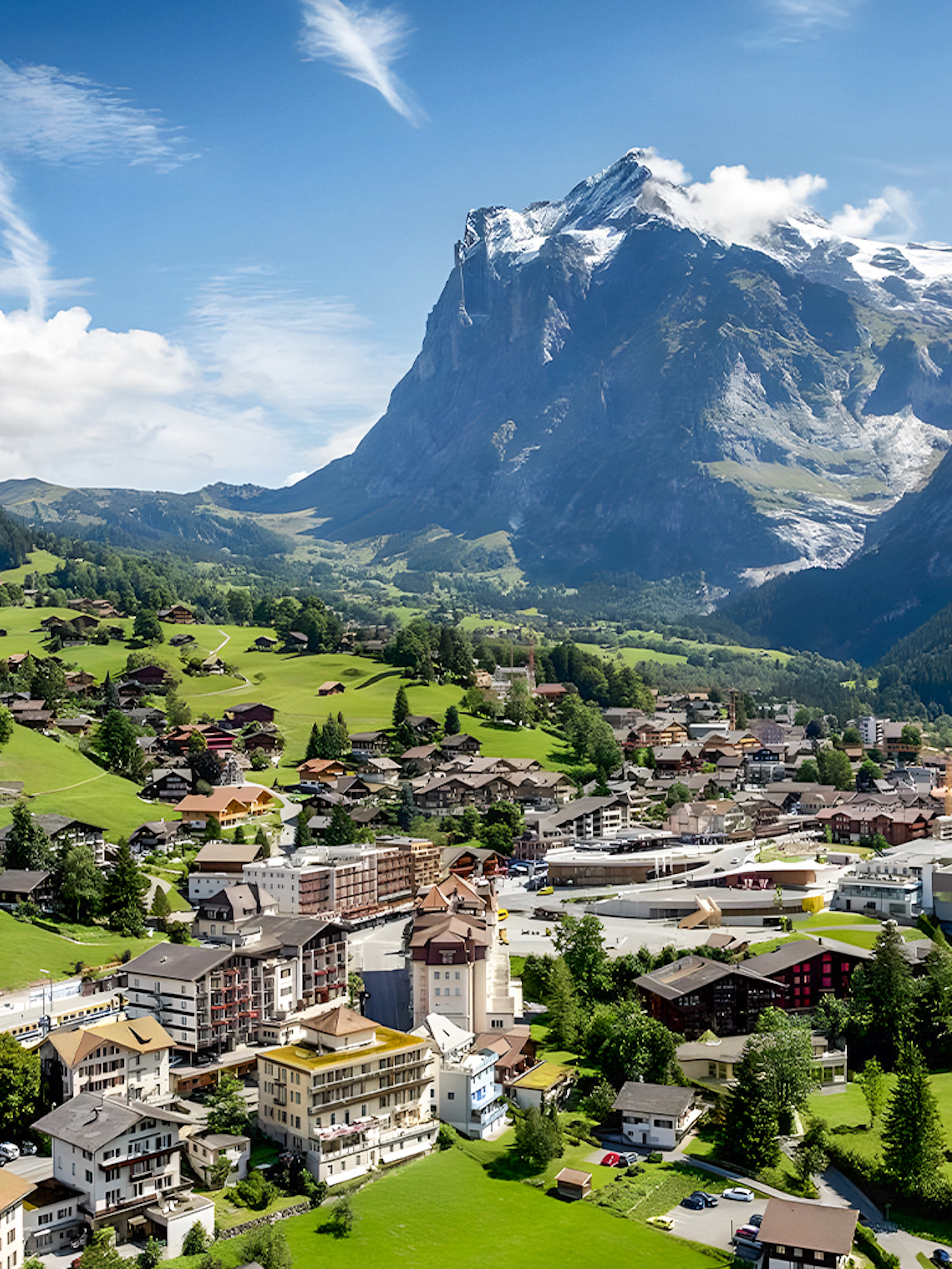 Grindelwald village in a lush valley with mountains in the background, Switzerland.