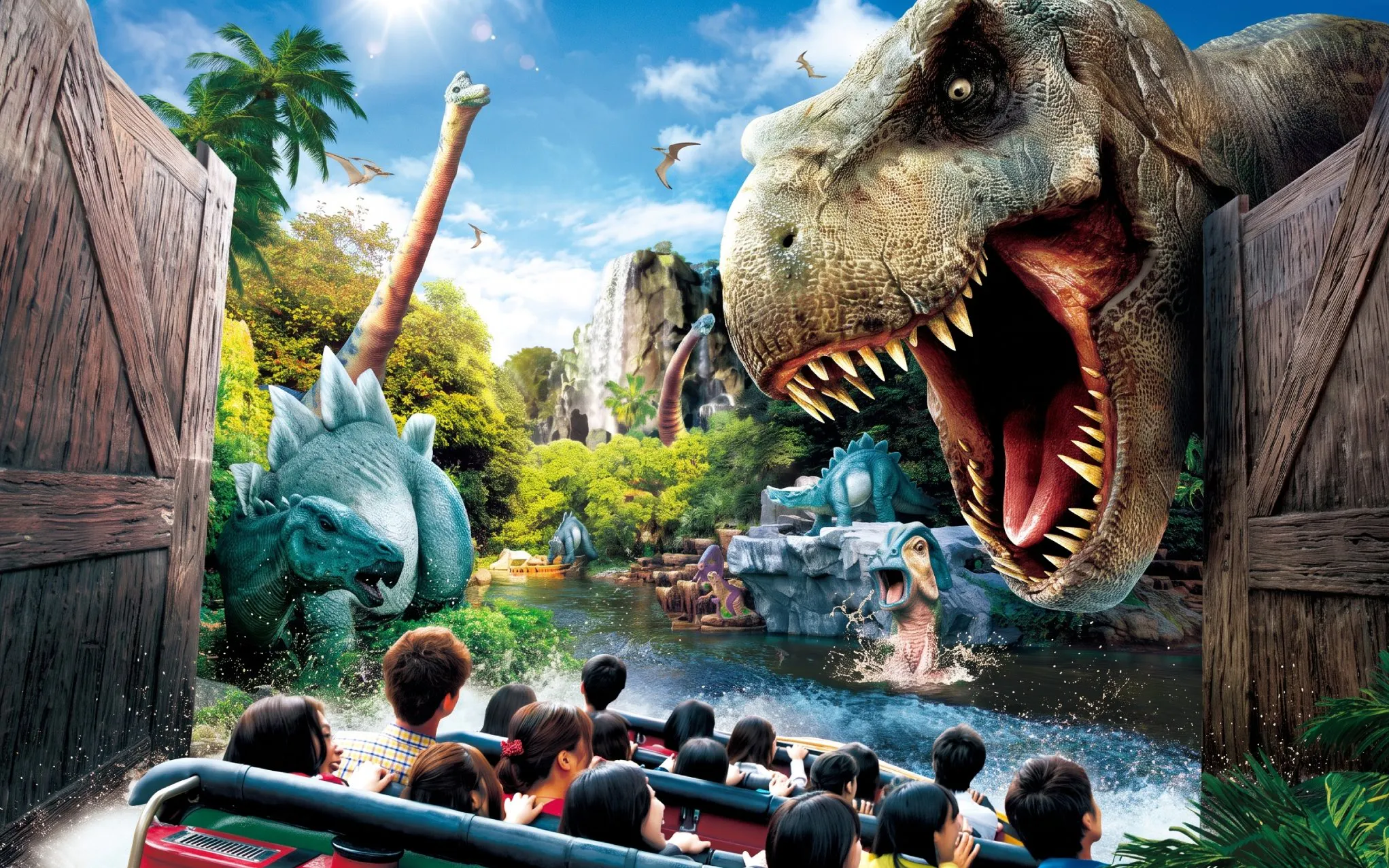 Visitors on a boat ride encounter dinosaurs at Jurassic Park: The Ride, Universal Studios Japan.
