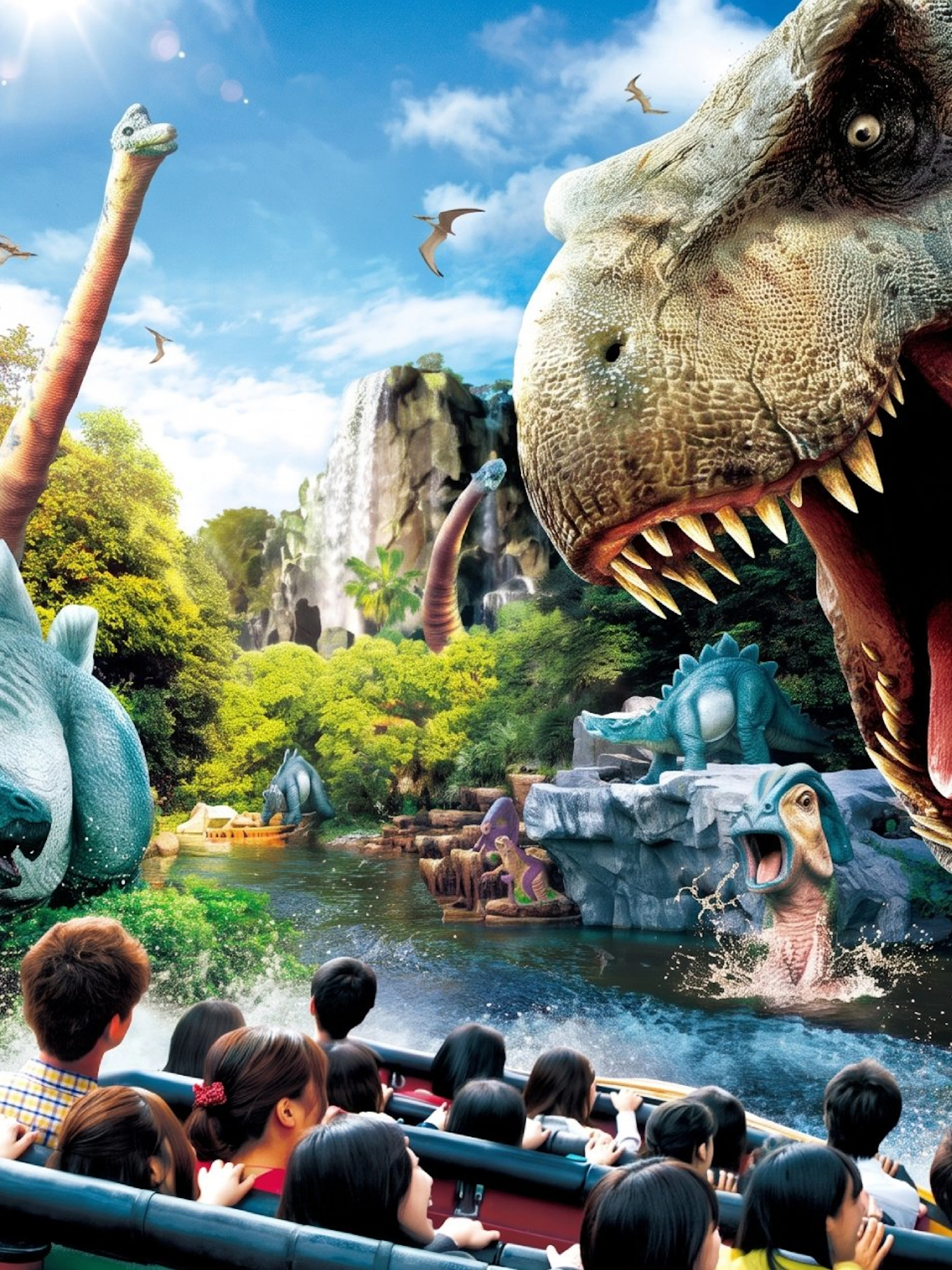 Visitors on a boat ride encounter dinosaurs at Jurassic Park: The Ride, Universal Studios Japan.
