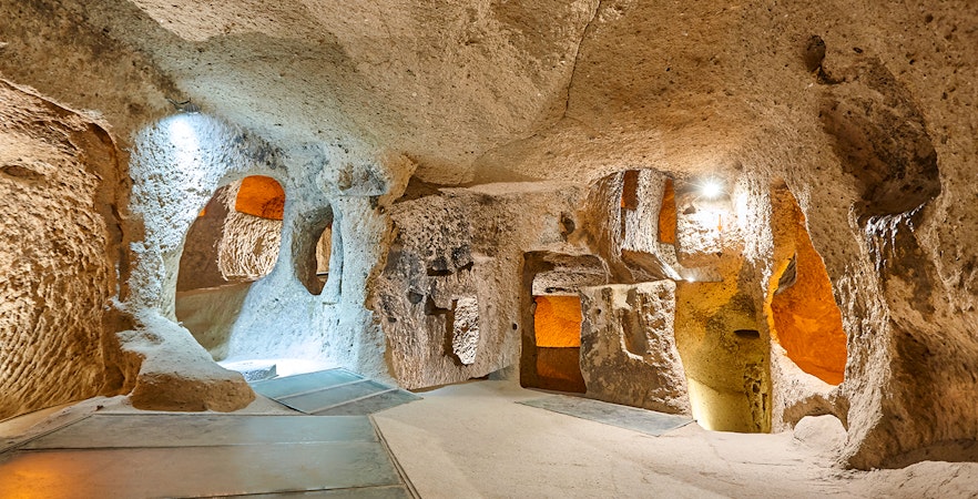Maze of caves inside Derinkuyu Underground City, Cappadocia, Turkey.