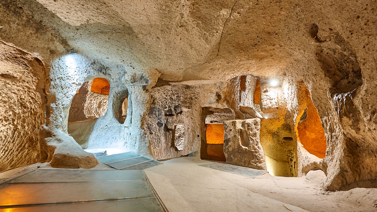 Maze of caves inside Derinkuyu Underground City, Cappadocia, Turkey.