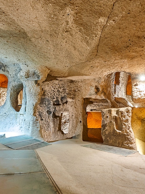 Maze of caves inside Derinkuyu Underground City, Cappadocia, Turkey.