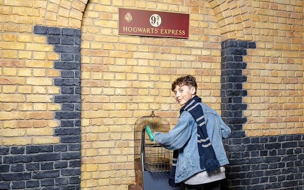 Tourist at Platform 9¾ with luggage cart at Harry Potter set.