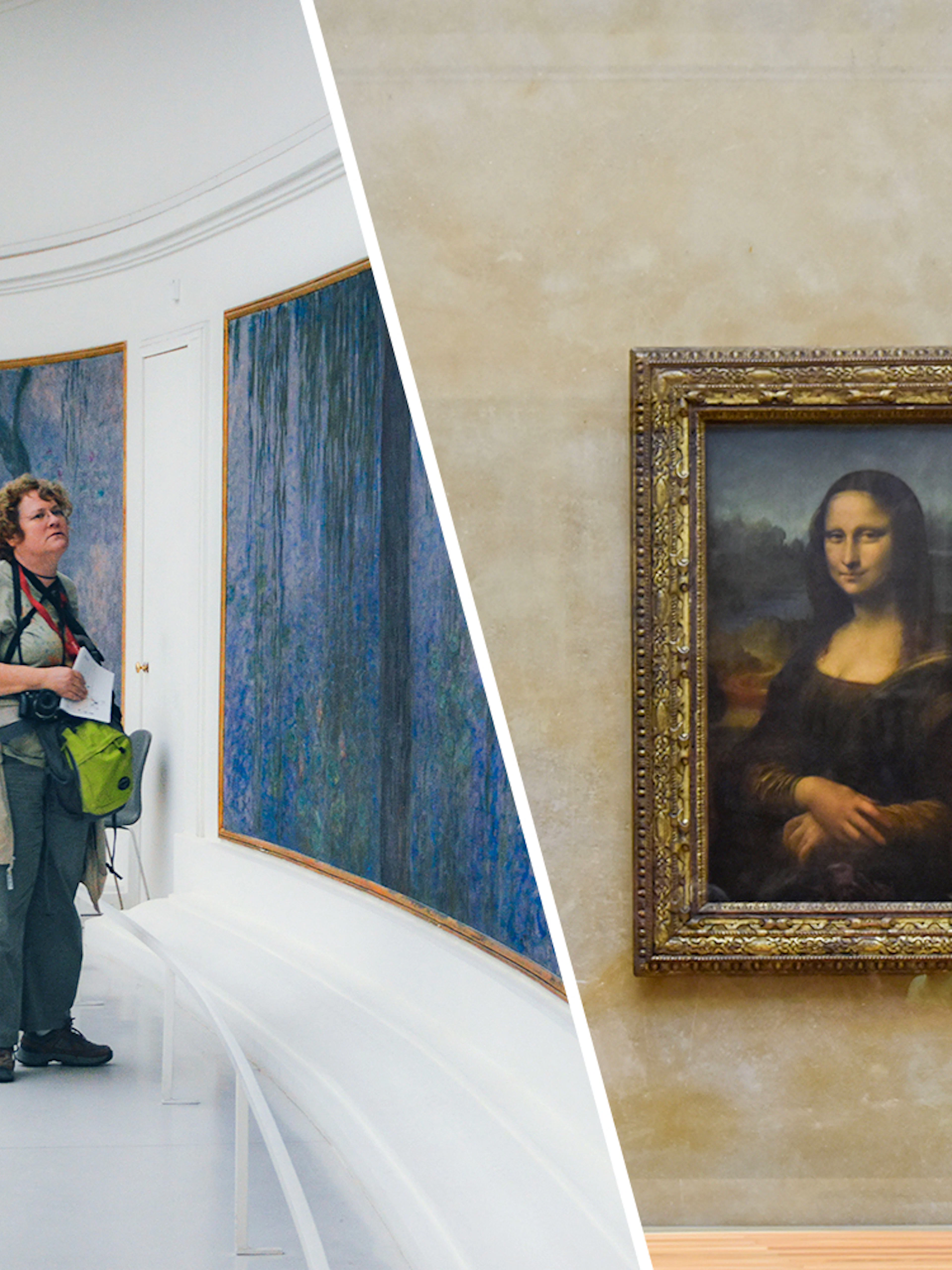 Visitors viewing Monet's Water Lilies and the Mona Lisa at museums in Paris.