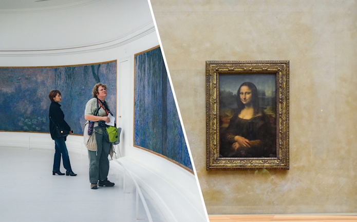 Visitors viewing Monet's Water Lilies and the Mona Lisa at museums in Paris.
