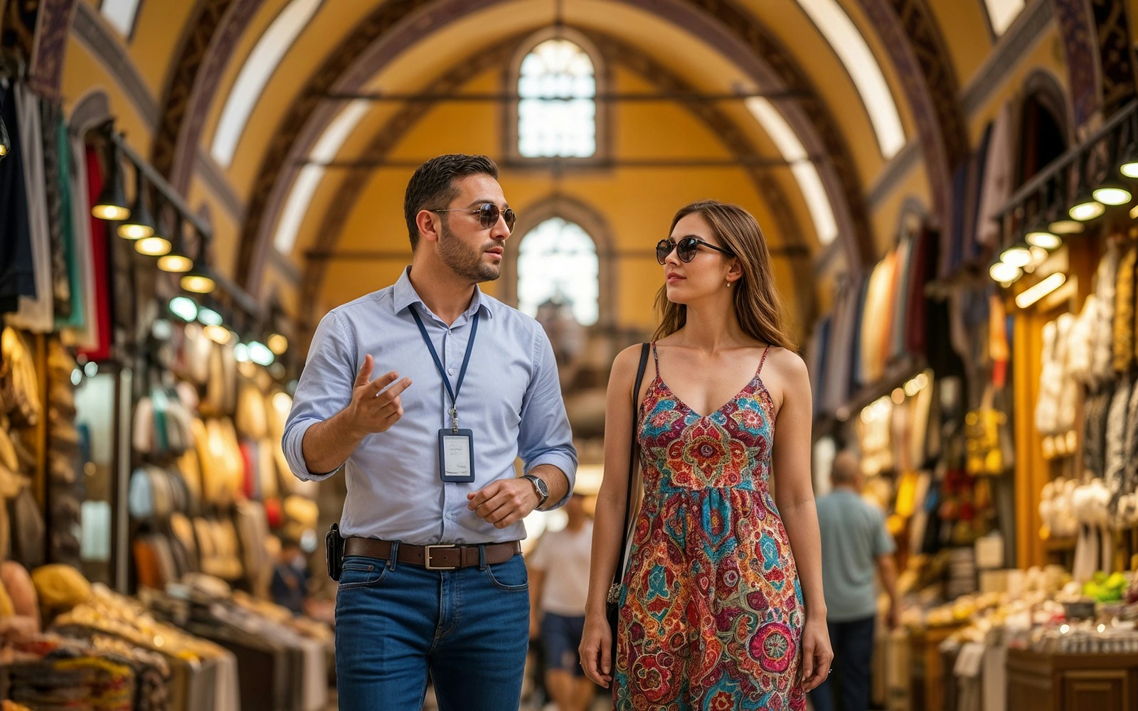 Tour guide with woman tourist exploring Bazaar, Istanbul.