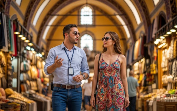 Tour guide with woman tourist exploring Grand Bazaar, Istanbul.