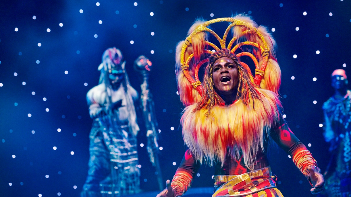Performer in vibrant costume during The Lion King: Rhythms of the Pride Lands at Disneyland Paris.