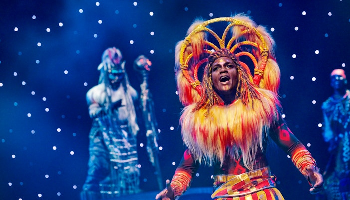 Performer in vibrant costume during The Lion King: Rhythms of the Pride Lands at Disneyland Paris.