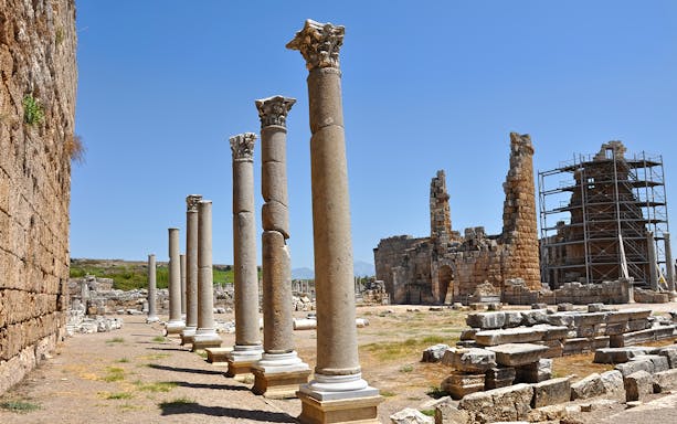 Ancient Roman columns and ruins at Perge archaeological site near Antalya.