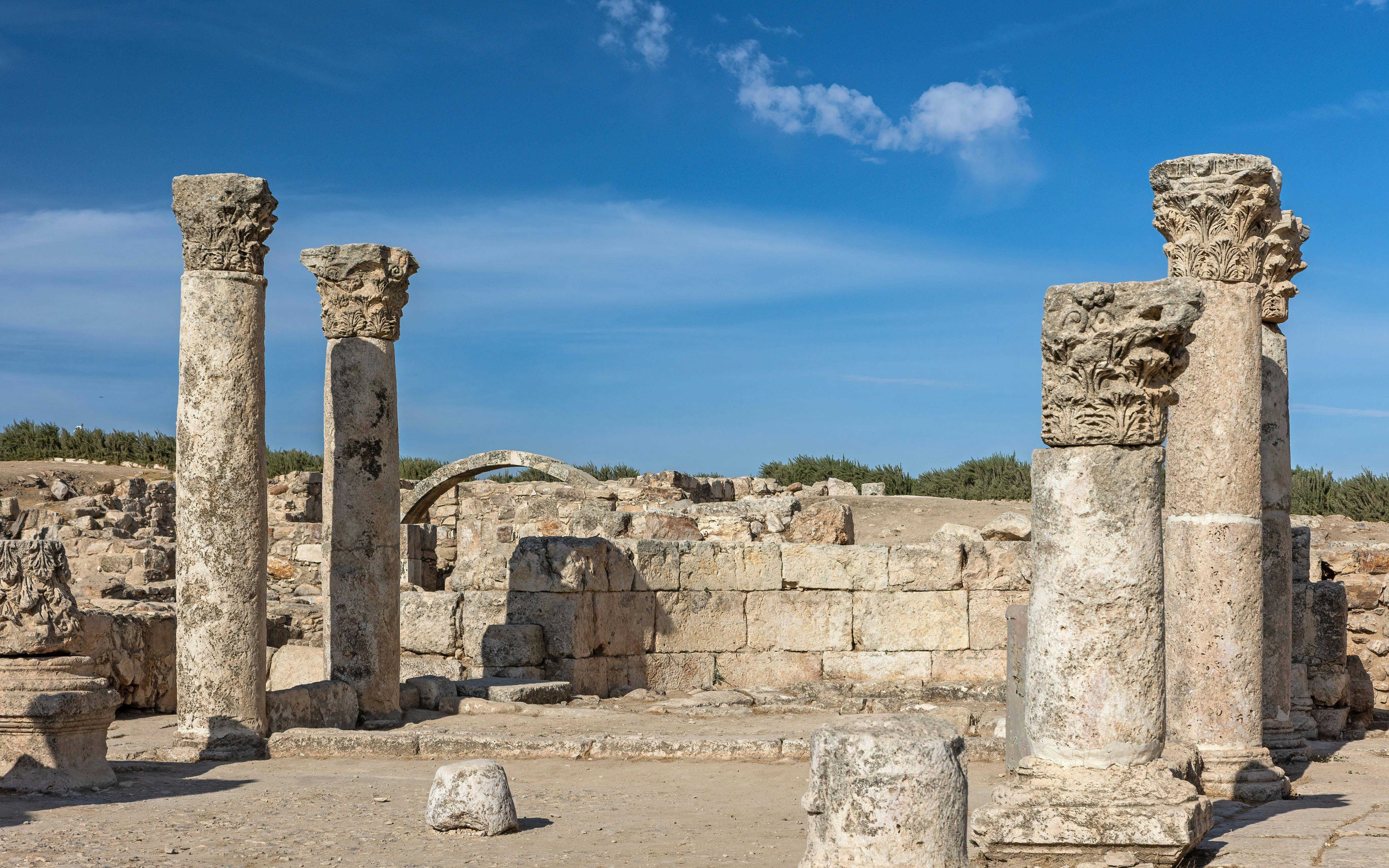 Byzantine church ruins with columns at Amman Citadel, Jordan.
