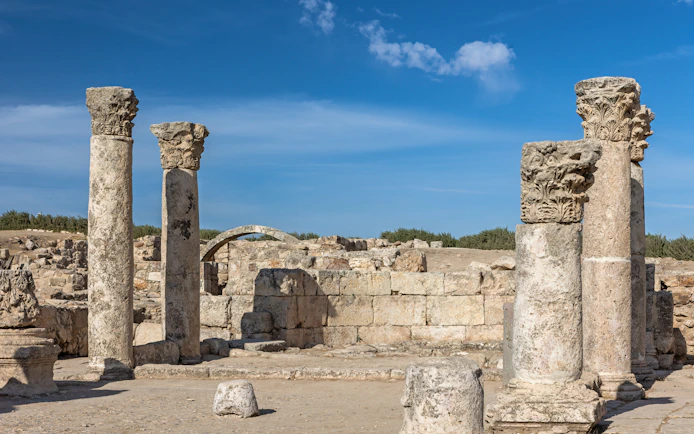 Byzantine church ruins with columns at Amman Citadel, Jordan.