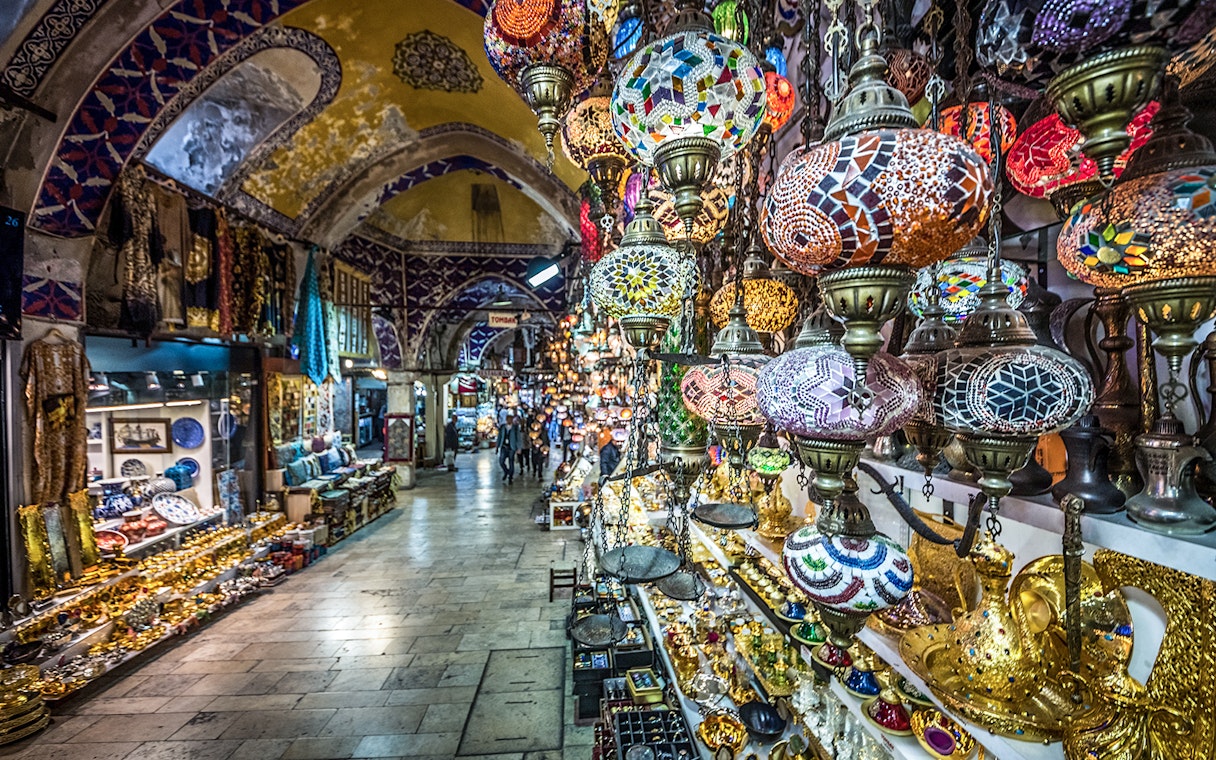 Colorful lamps and shops in Istanbul's Grand Bazaar during a guided tour of the Old City.