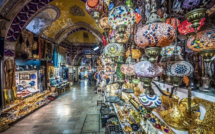 Colorful lamps and shops in Istanbul's Grand Bazaar during a guided tour of the Old City.