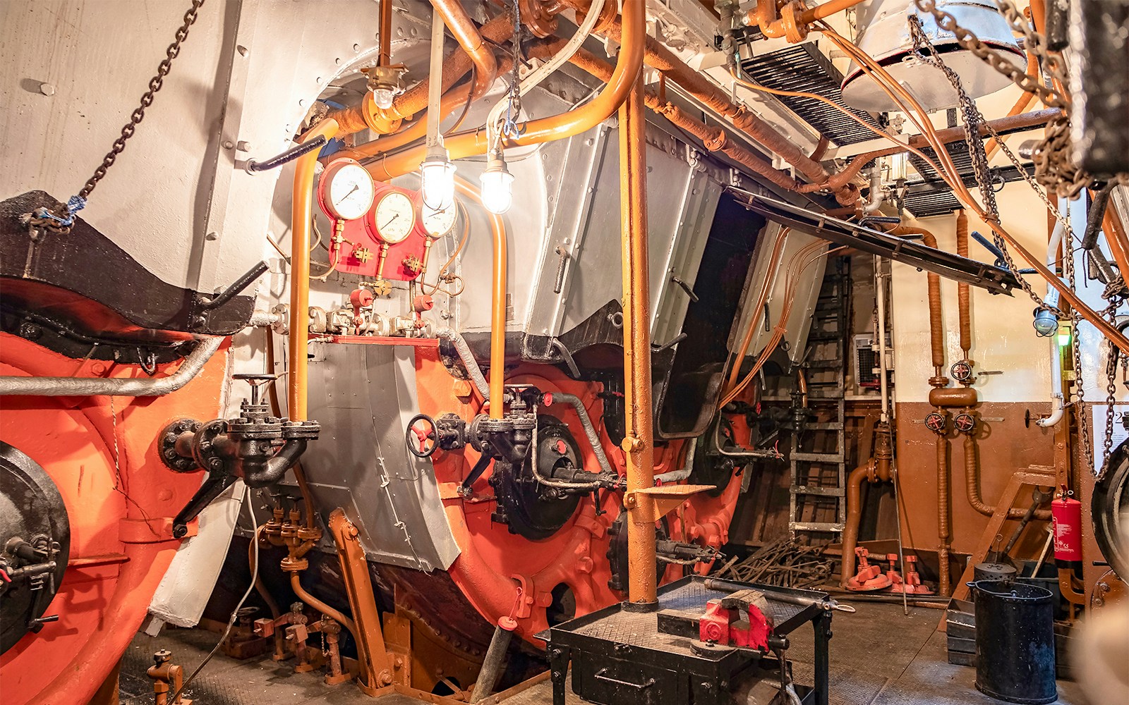 Engine room steamboat. Steam boiler, sensors and pipes of a steam engine.