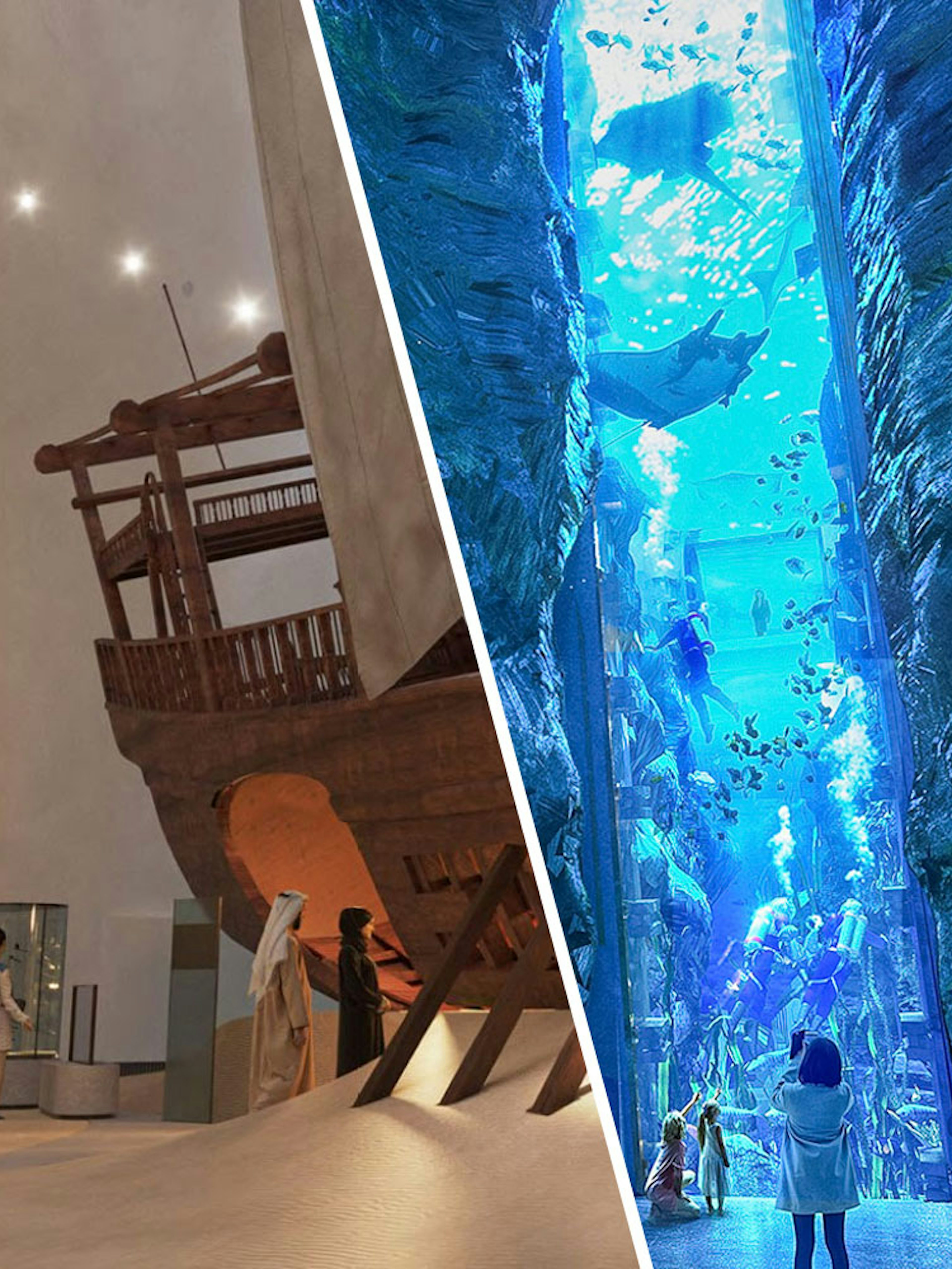 Exhibits at Zayed National Museum featuring historical artifacts and an aquarium display.