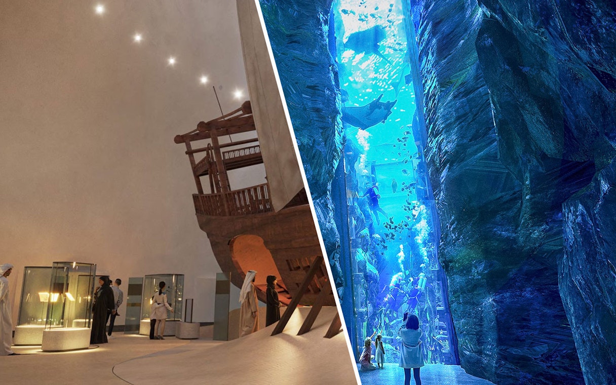 Exhibits at Zayed National Museum featuring historical artifacts and an aquarium display.