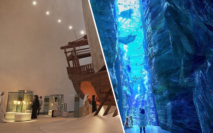 Exhibits at Zayed National Museum featuring historical artifacts and an aquarium display.