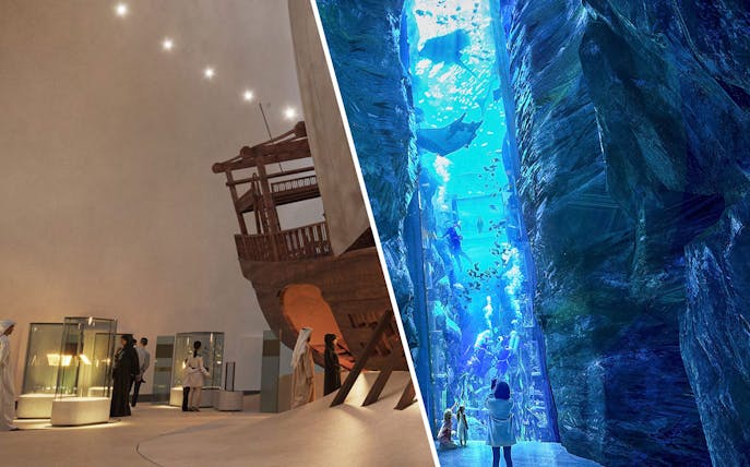 Exhibits at Zayed National Museum featuring historical artifacts and an aquarium display.