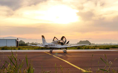 Cirrus plane on runway at sunrise, Kadriye, Antalya.