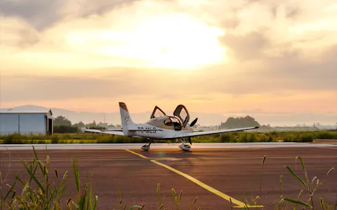 Cirrus plane on runway at sunrise, Kadriye, Antalya.