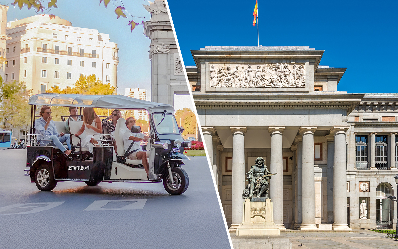 Electric tuk-tuk tour in Madrid with view of Prado Museum facade.