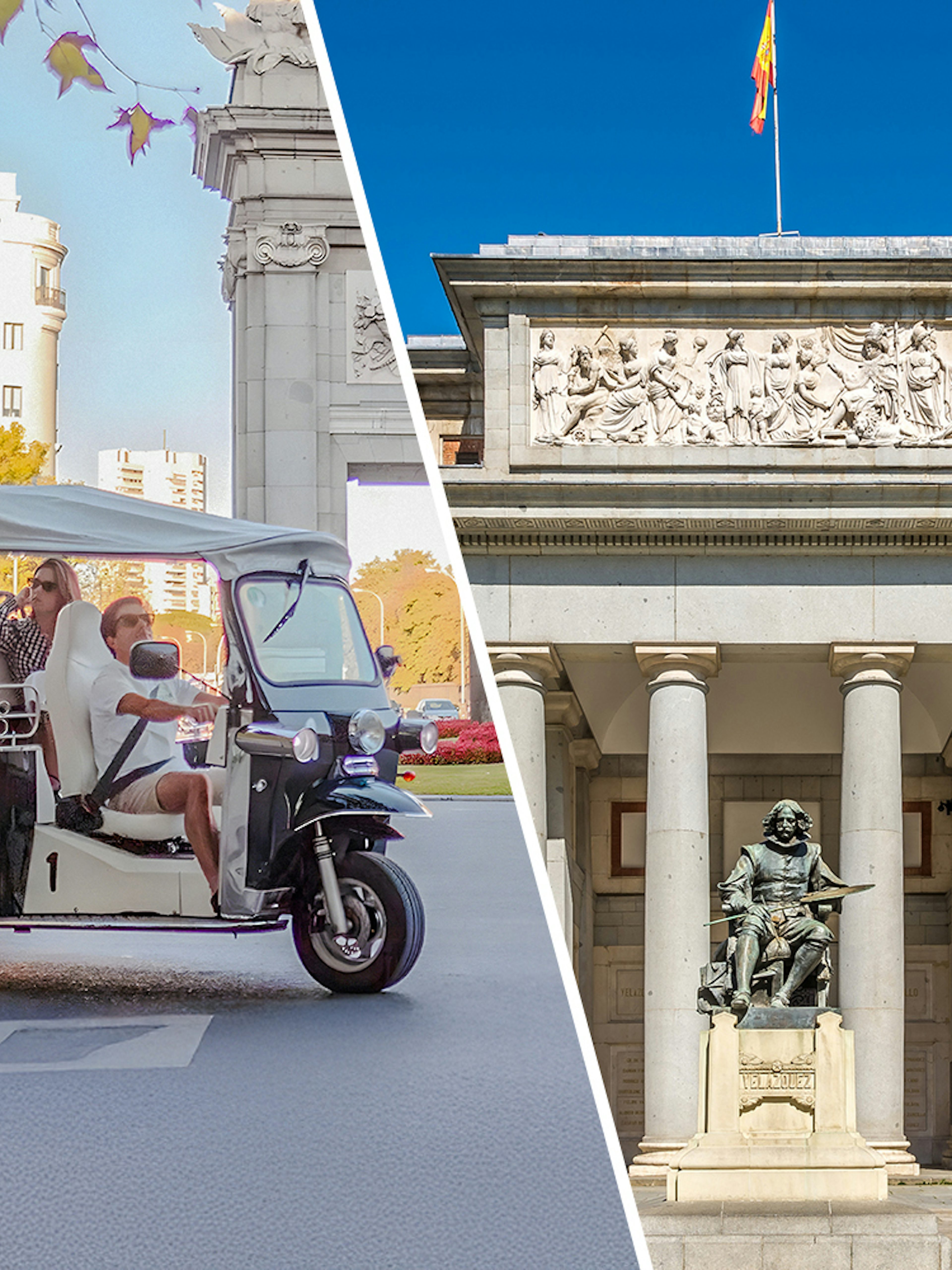 Electric tuk-tuk tour in Madrid with view of Prado Museum facade.