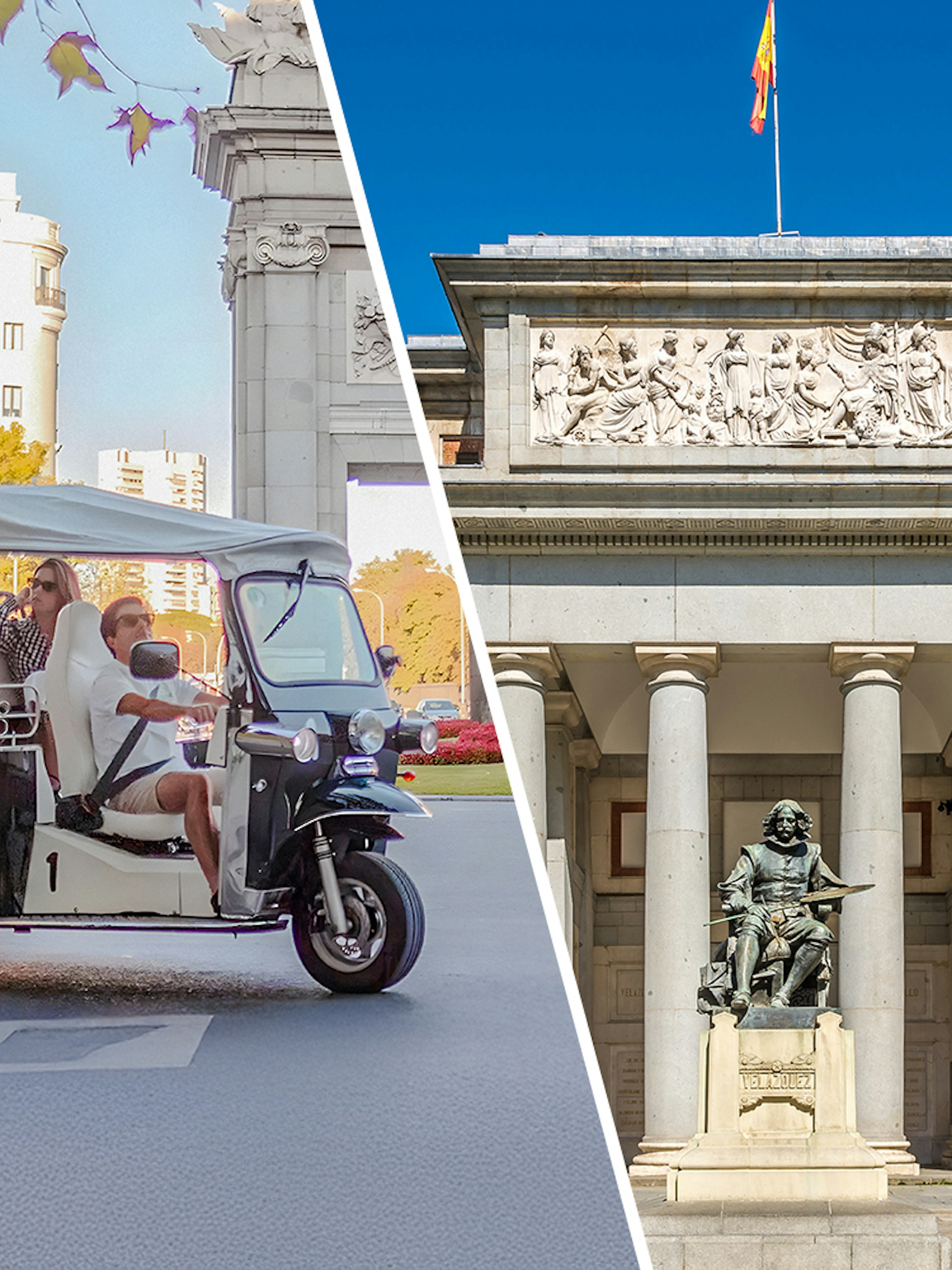 Electric tuk-tuk tour in Madrid with view of Prado Museum facade.
