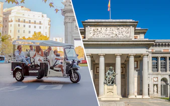 Electric tuk-tuk tour in Madrid with view of Prado Museum facade.