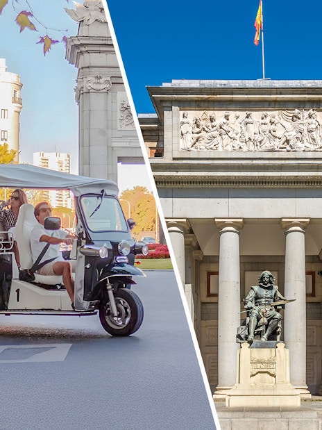 Electric tuk-tuk tour in Madrid with view of Prado Museum facade.