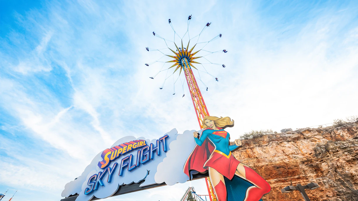 Six Flags Fiesta Texas SUPERGIRL™ Sky Flight ride with towering swing attraction.