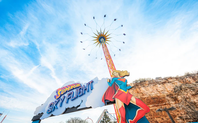 Six Flags Fiesta Texas SUPERGIRL™ Sky Flight ride with towering swing attraction.