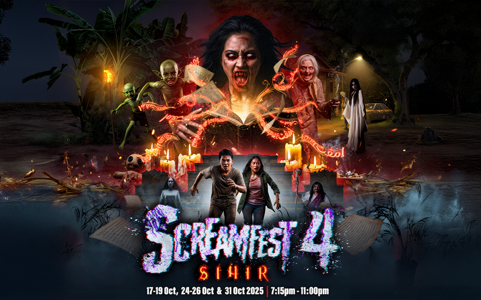 Screamfest 4 event poster at Sunway Lost World of Tambun featuring haunted characters and eerie atmosphere.