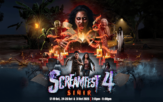 Screamfest 4 event poster at Sunway Lost World of Tambun featuring haunted characters and eerie atmosphere.