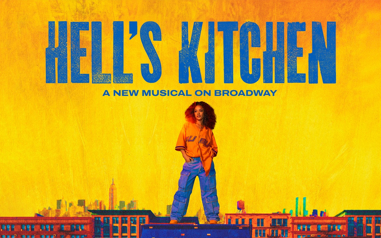 Hell's Kitchen musical poster with performer on a rooftop, New York City skyline.