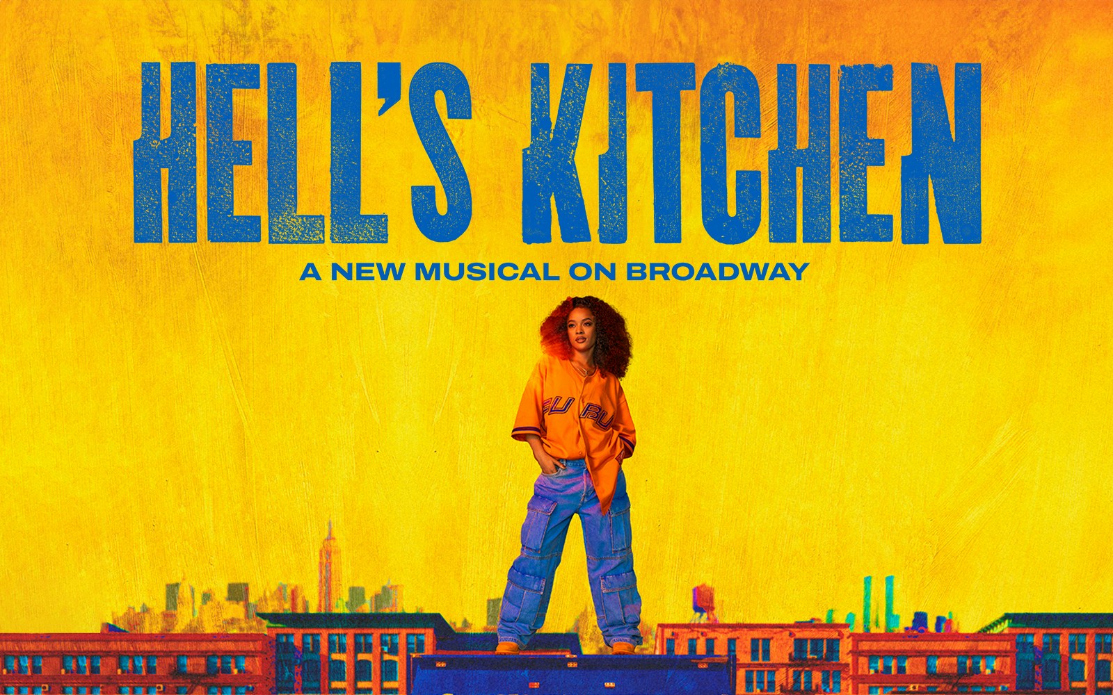 Hell's Kitchen musical poster with performer on a rooftop, New York City skyline.